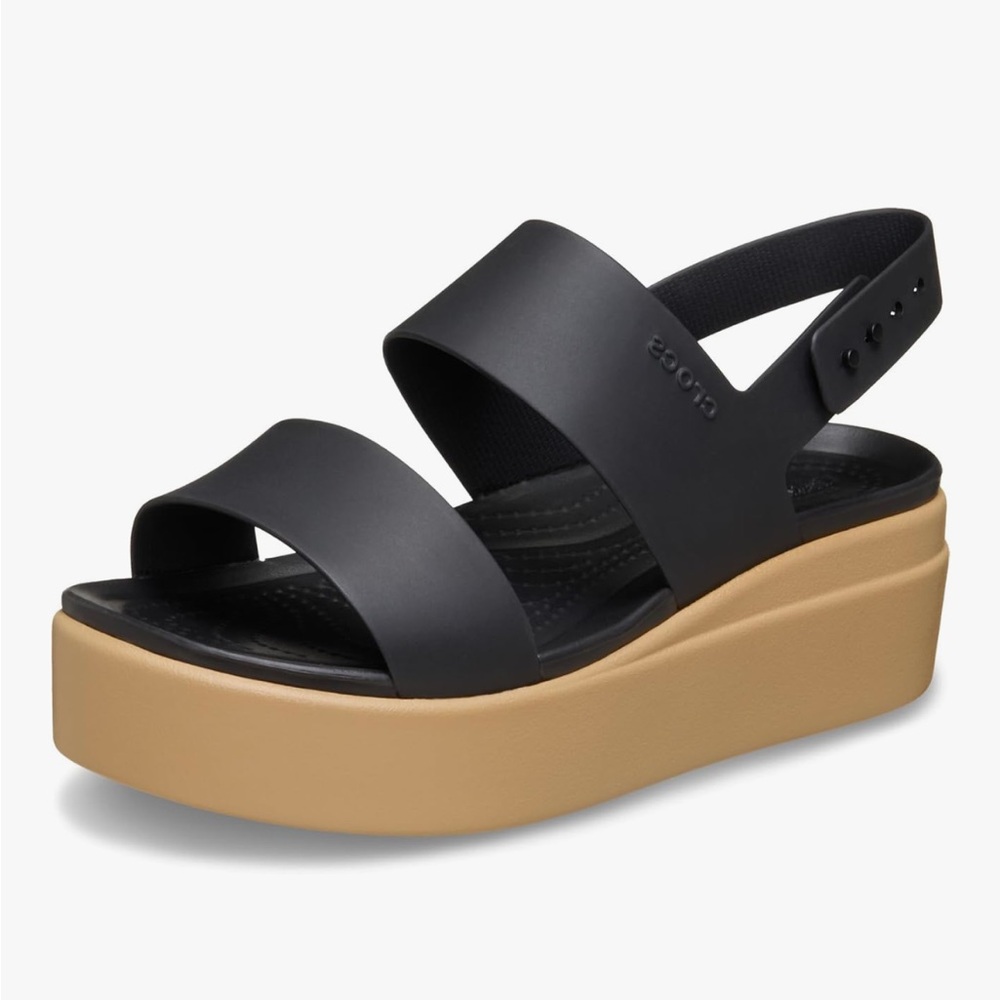 CROCS Women’s Black Strappy Platform Sandal with Tan Wedge